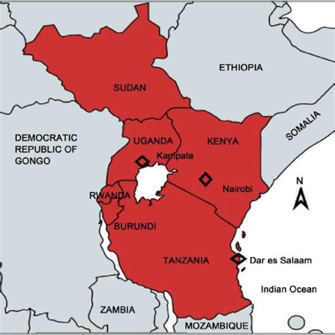 Map Of East African Community Showing Member Countries With The Cities
