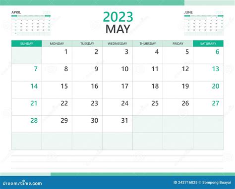 Calendar 2023 Template Vector On Green Background May 2023 Template