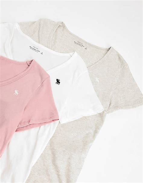 Abercrombie And Fitch 3 Pack Icon Logo V Neck T Shirt In Grey White Pink