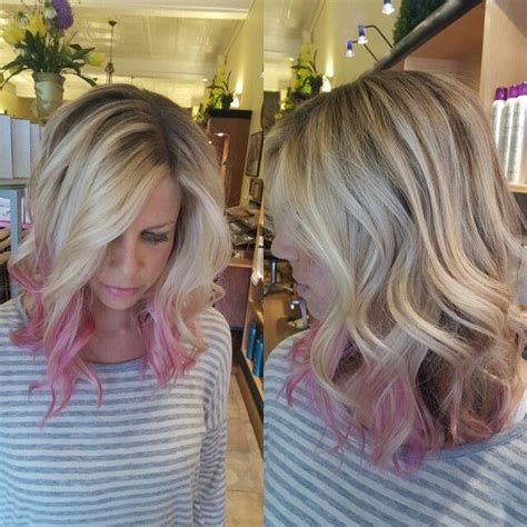 Beautiful balayage on straight hair. Pink painted ends on blonde balayage | Blonde pink ...