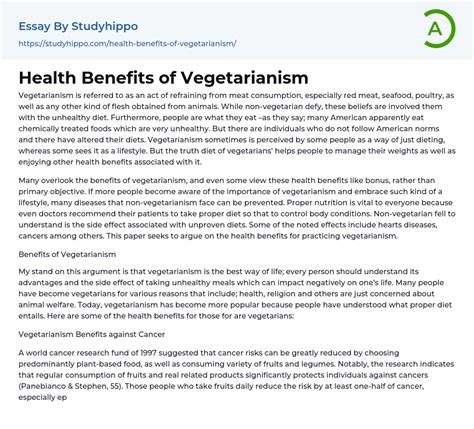 Health Benefits Of Vegetarianism Essay Example
