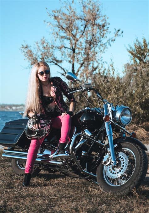 Beautiful Biker Woman With Motorcycle Stock Photo Image Of Beauty