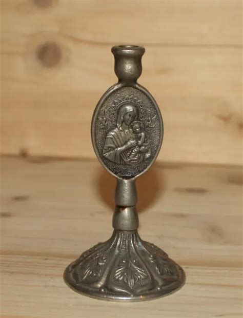 VINTAGE HAND CRAFTED Ornate Metal Religious Candlestick Virgin Mary