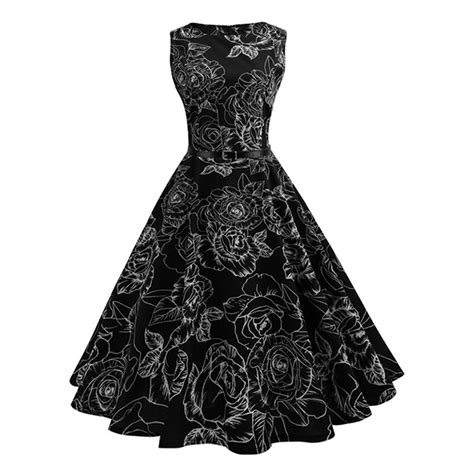 sishot women vintage dresses 2018 spring fall black round neck a line belted elegant sleeveless