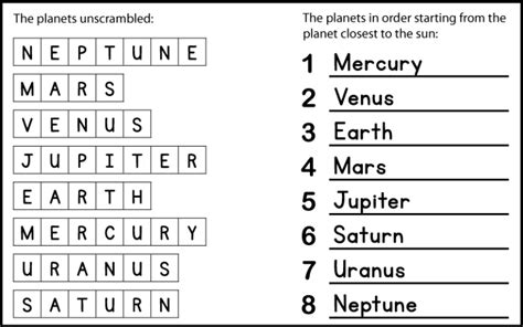 Space Themed And Planets Word Scramble Puzzles