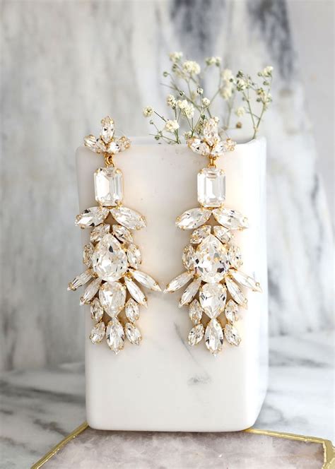 Bridal Long Crystal Earrings Bridal Oversize Chandelier Etsy Long