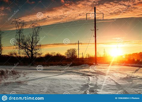 Winter Landscape With Forest Sunset Stock Photo Image