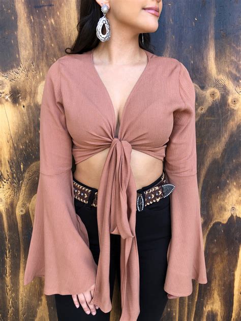 Penelope ” Knot Tie Bell Sleeve Crop Top Latte Ale Accessories