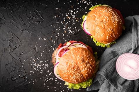 Premium Photo Arrangement Of Delicious Hamburgers With Copy Space