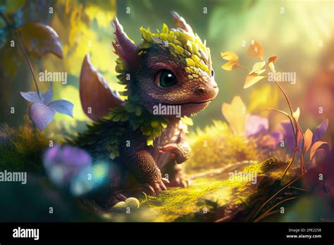 Cute Baby Dragon In Forest Stock Photo Alamy