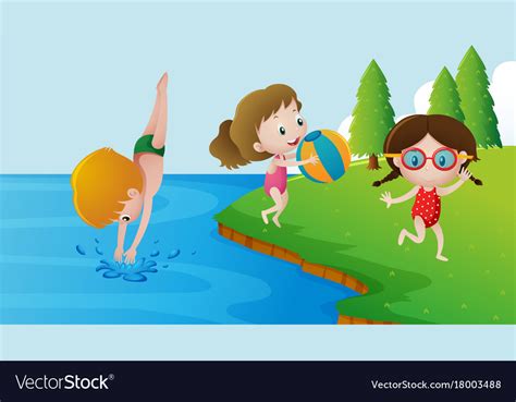 Three Kids Swimming In The Lake Royalty Free Vector Image