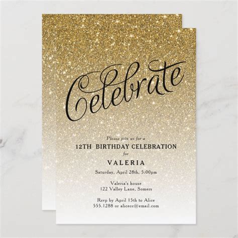 Sparkly Gold Glitter Birthday Celebrate Invitation Zazzleca