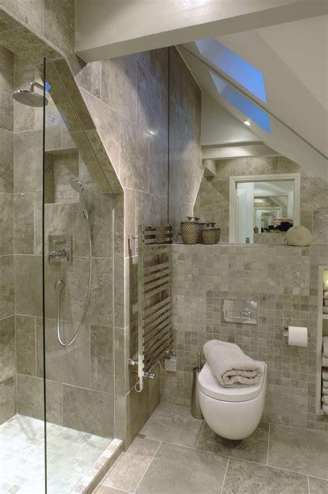 Luxurious shower room in grayscale. Narrow seat against far wall #