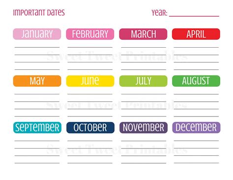 Important Dates Planner Planner Printable Planner Page Dates To