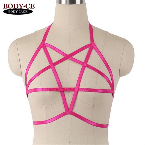 body cage 10pcs rose red harness bra pentagram bondage harness black elastic strap tops chest