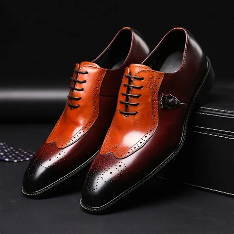 Luxury Classic Mens Brogue Oxfords Dress Shoes Genuine Cow Leather Brown Pointed Toe Lace Up