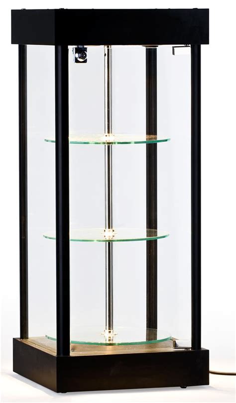 Spinning Glass Display Case Halogen Top Lights Rotating Shelves