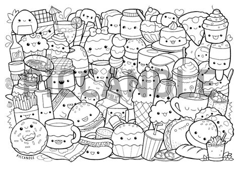 Foods Doodle Coloring Page Printable Cutekawaii Coloring Etsy