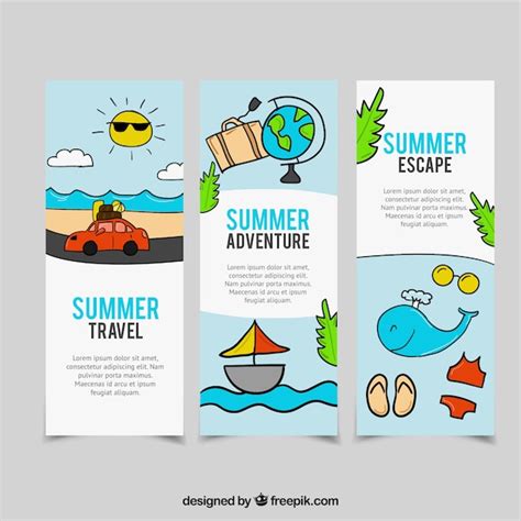 Free Vector Set Of Three Summer Trip And Hand Drawn Elements Banners