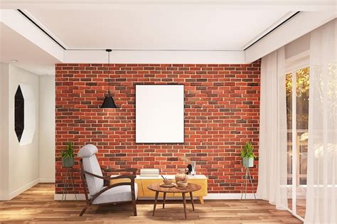 Modern Living Room Interior Design With Red Bricks Textured Wall Chair