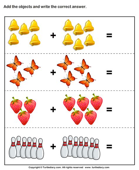 Addition with Pictures Sums up to Twenty Worksheet - Turtle Diary