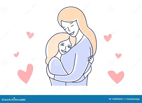 Mother And Daughter Motherhood Love Mom Hugging A Child Hand Drawn
