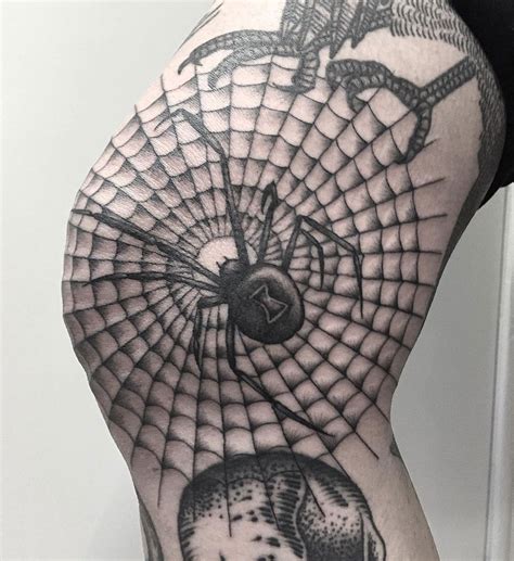 The pointy fingers and the way the hand is shooting the web have a great twist to the normality of a spiderman web shooting tattoo. Spider Web On Girls Knee | Best tattoo design ideas