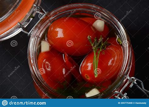 Pickled Cherry Tomatoes In A Glass Jar Stock Photo Image Of Leaves