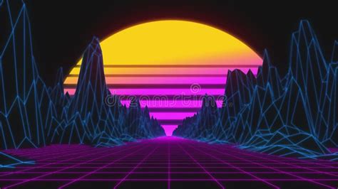 Stylized Vintage 3d Animation Background With Mountains And Sun 80s