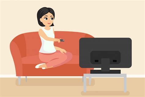 Premium Vector Illustration Of Woman Sitting On Couch Watching Tv Young Adult Girl On Sofa In