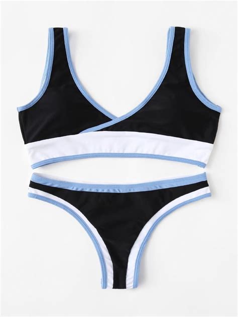 Contrast Piping Sporty Top With Seam Bikini Set Bikinis Bikini Set