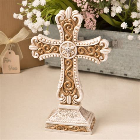 Beautiful Antique Ivory Cross Statue With Matte Gold Detailing Print