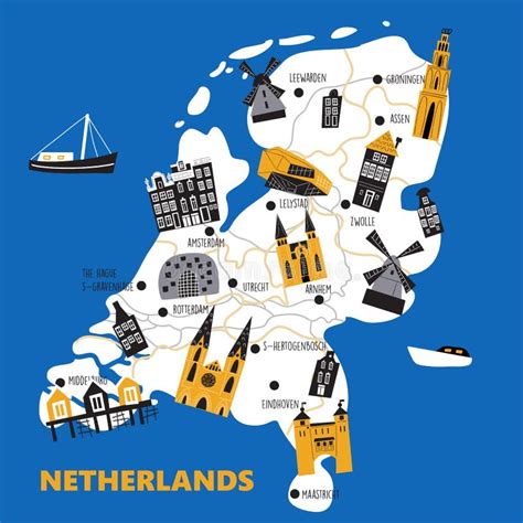 Vector Illustrated Map Of Netherlands With Main Attractions Stock Illustration Illustration Of