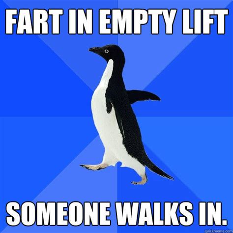 Fart In Empty Lift Someone Walks In Socially Awkward Penguin Quickmeme