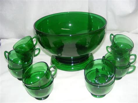 vintage anchor hocking forest green glass complete punch bowl set base and 12 cups 161 99 picclick