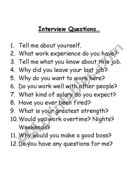 Interview Questions Worksheets