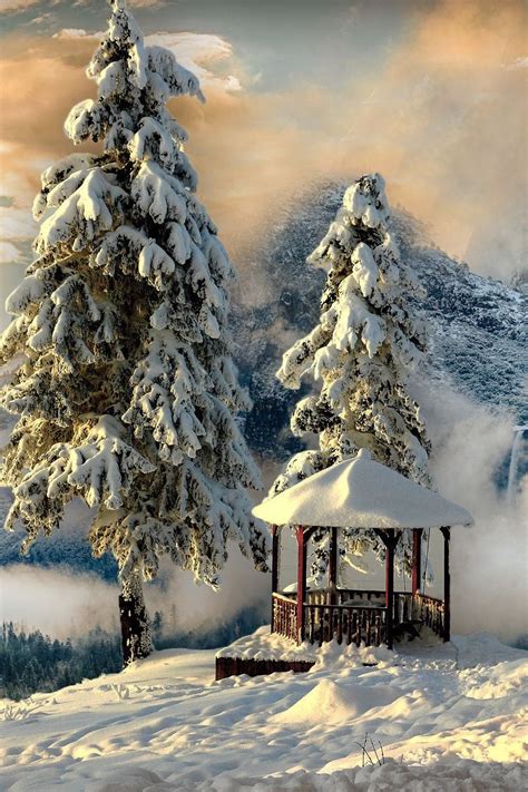 Download Wallpaper 800x1200 Winter Gazebo Snow Mountains Fog Iphone