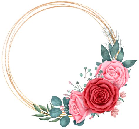 Rose Flower Bouquet With Gold Glitter Circle Frame Watercolor For Valentine PNG PNG