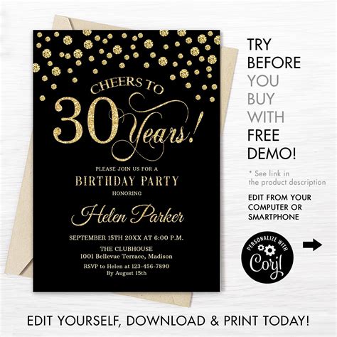30th Birthday Invitation Instant Download Digital Template Etsy Uk