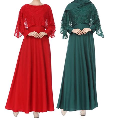 Women Muslim Kaftan Abaya Jilbab Long Sleeve Lace Long Maxi Dress