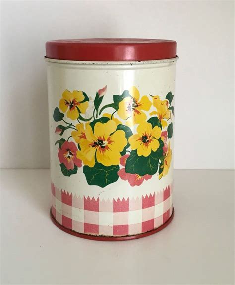 Vintage Flowers And Checkered Canister Tin Canister Shabby Etsy