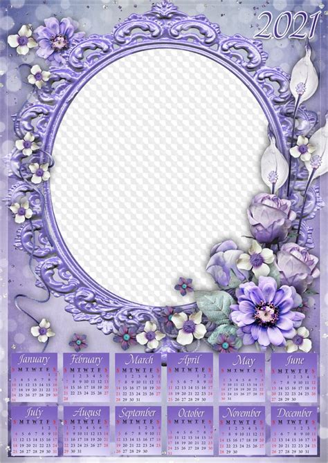 Purple Calendar 2021 With Photo Frame On One Photo Psd Png Calendar