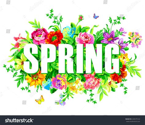 Vector Word Spring Letters Made On Colorful Flowers And Leaves