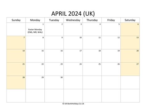 April 2024 Calendar Printable With Bank Holidays Uk