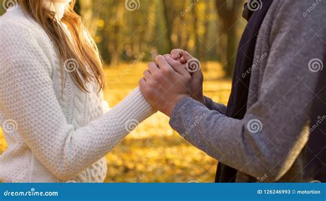 Guy Warming His Girlfriends Hands Romantic Atmosphere Date In Autumn Woods Stock Image Image