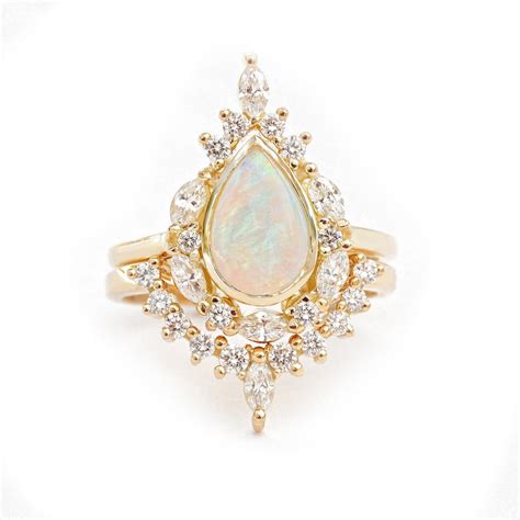 Pear Opal Bridal Ring Set Unique Vintage Engagement Ring Set Etsy