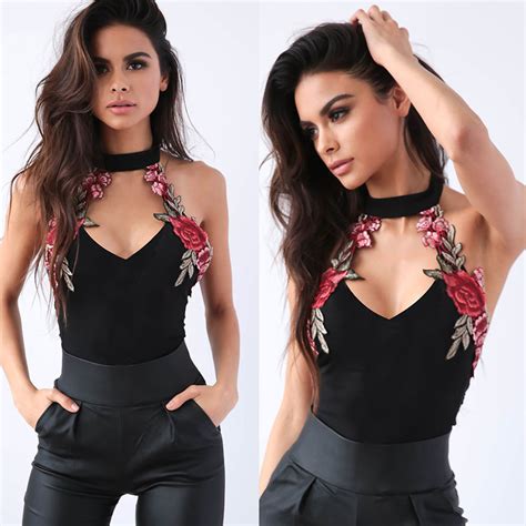 Sexy Bodysuits Women Floral Embroidered Lady Choker V Neck Party
