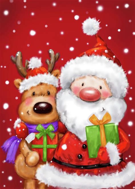 Santa Mixed Media Santa And Reindeer 1 By Makiko Vintage Christmas