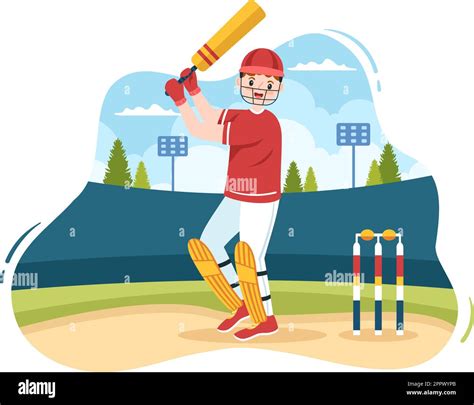 Batsman Playing Cricket Sports With Ball And Stick In Flat Cartoon
