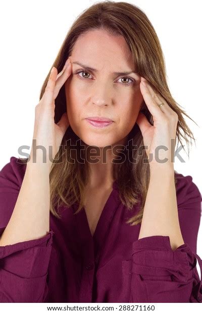 Pretty Brunette Headache On White Background Stock Photo